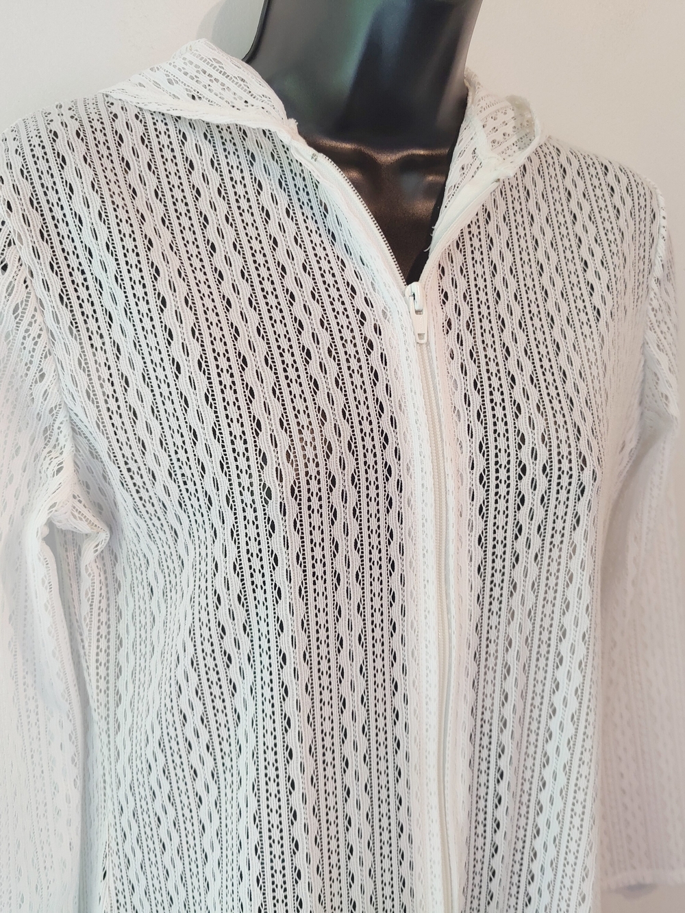 Vintage 70s White Lace Zip Hoodie Beach Cover-Up Small